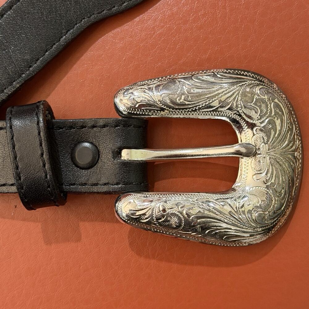VINTAGE Tony Lama Western Concho Belt Sz 36 Black Leather Silver Tone USA 5293L - Picture 2 of 16
